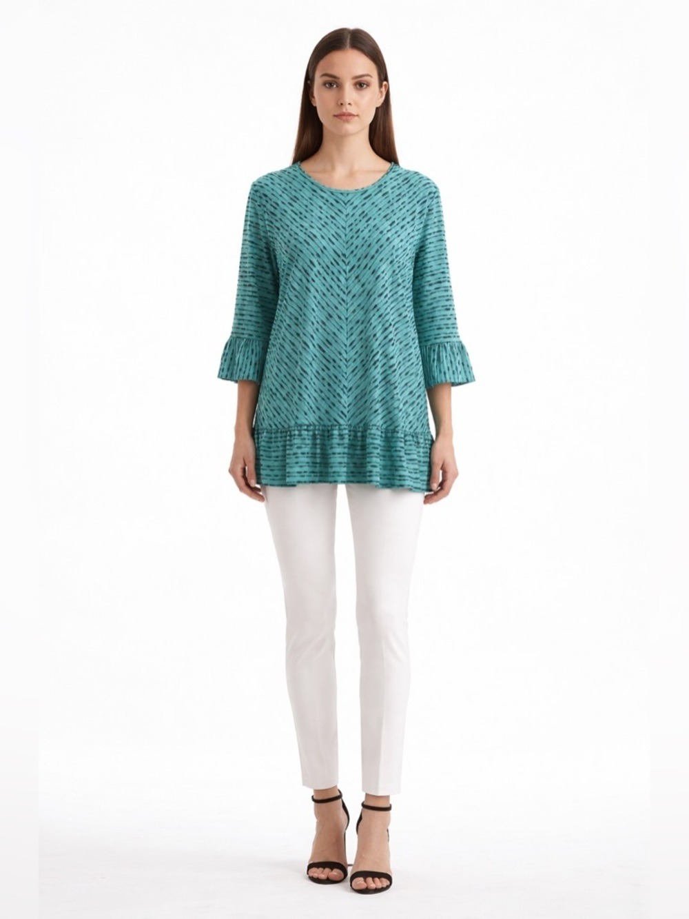 N Touch Women’s Teal Printed Tunic Top Size Large Ruffle Hem Bell Sleeve